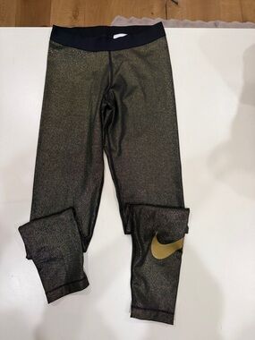 Nike Kids Black with Gold Swoosh Shimmer Leggings